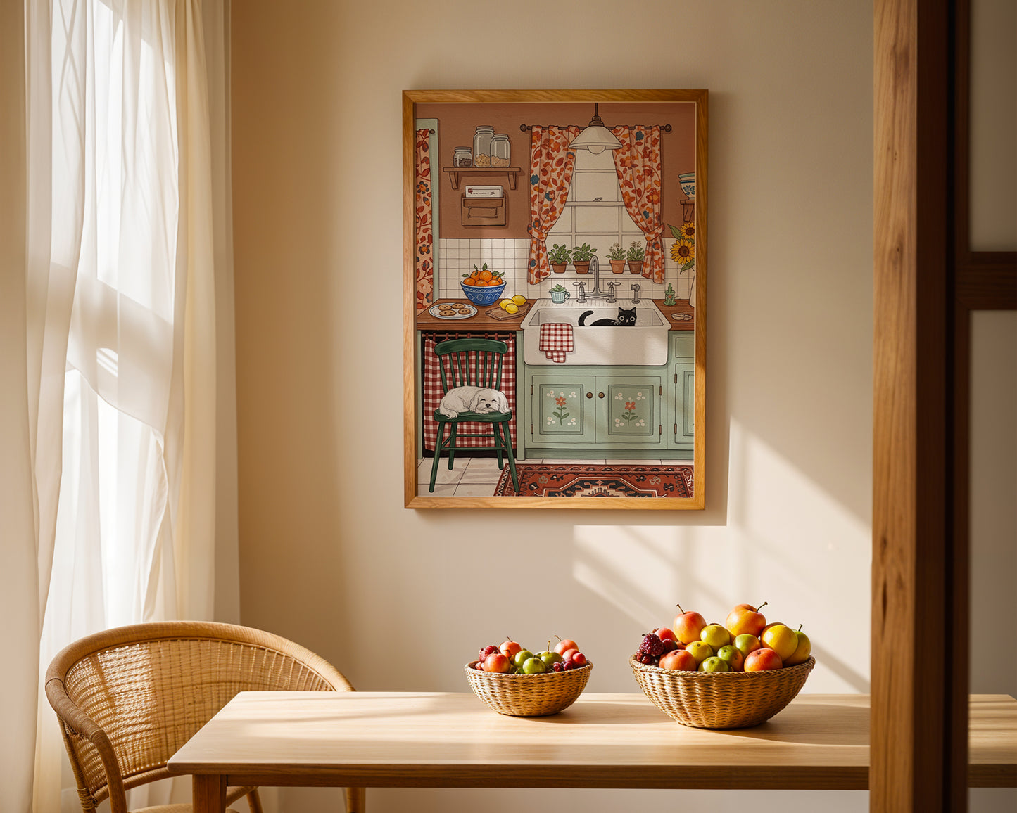 Cute illustration of a farmhouse kitchen with a black cat in the sink and a Maltese dog sleeping on a green chair, rustic mint cabinets, floral curtains, and sunflowers.
