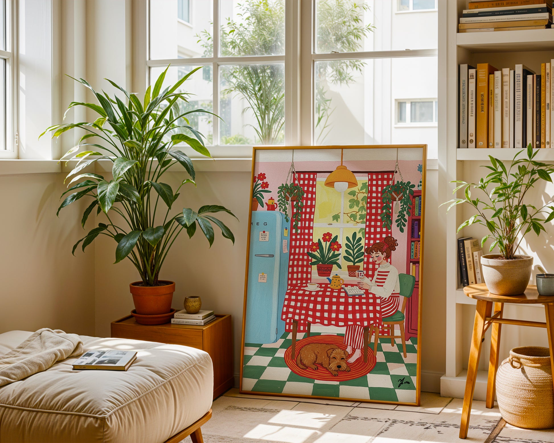 Cozy kitchen illustration with red checkered curtains, vintage blue fridge, potted plants, and a brown dog resting on a rug.
