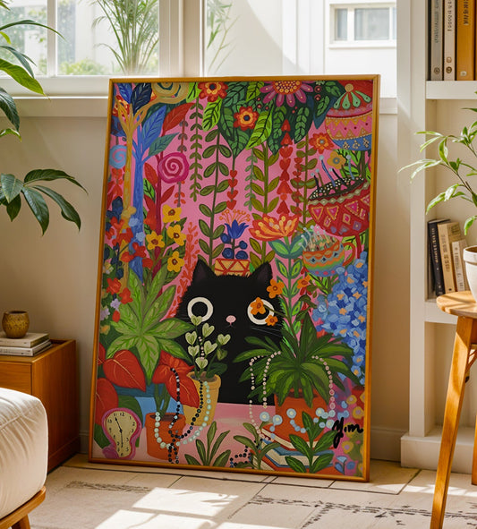 Black cat peeking through lush colorful plants and flowers in a whimsical indoor jungle cottagecore scene.