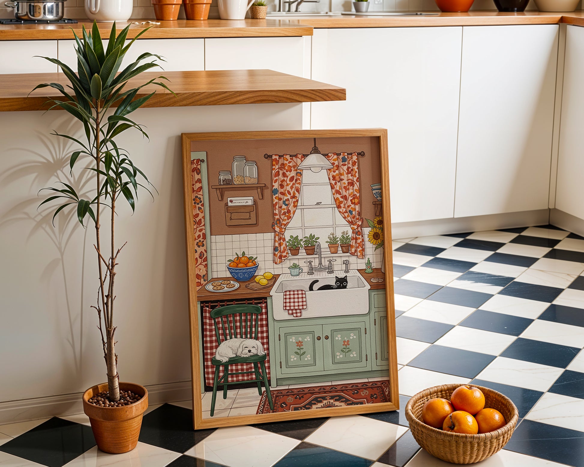 Cute illustration of a farmhouse kitchen with a black cat in the sink and a Maltese dog sleeping on a green chair, rustic mint cabinets, floral curtains, and sunflowers.