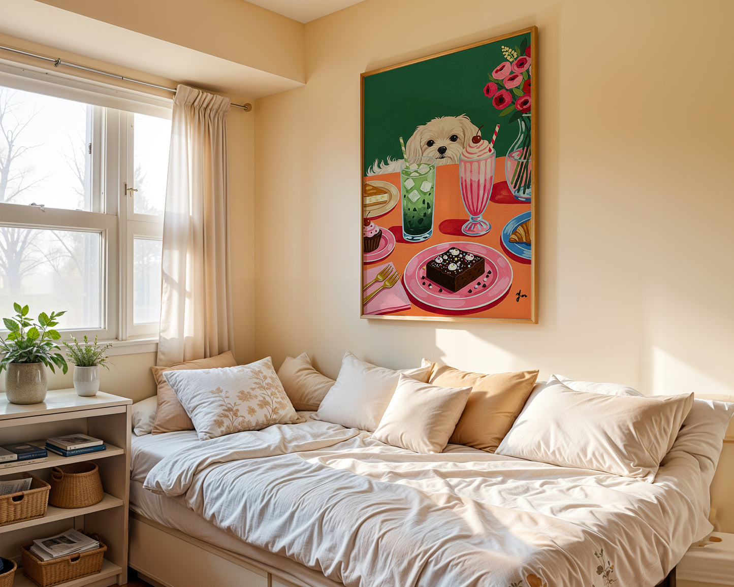 Cute White Dog at Colorful Dessert Table Green Background Illustration Print Art