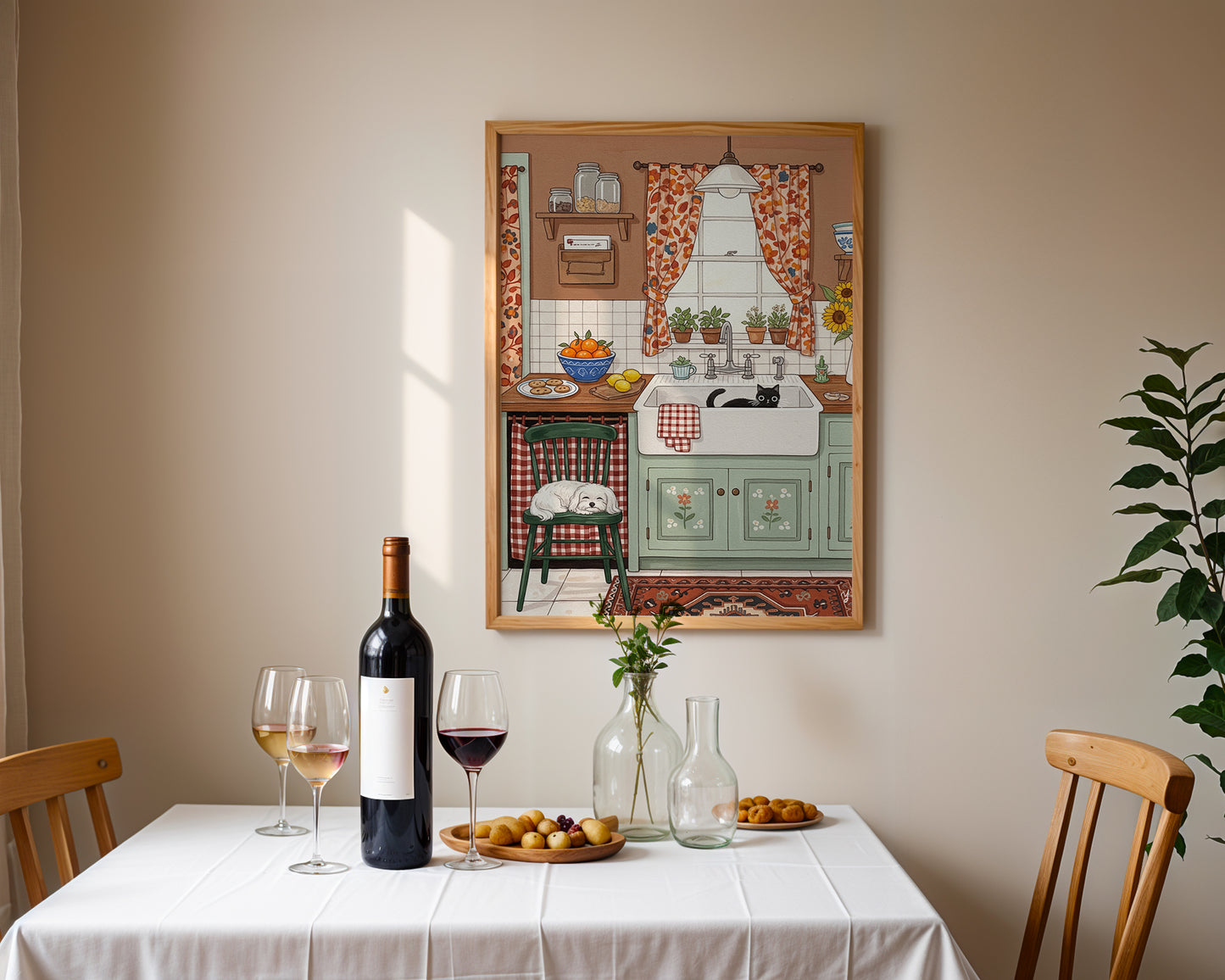 Cute illustration of a farmhouse kitchen with a black cat in the sink and a Maltese dog sleeping on a green chair, rustic mint cabinets, floral curtains, and sunflowers.