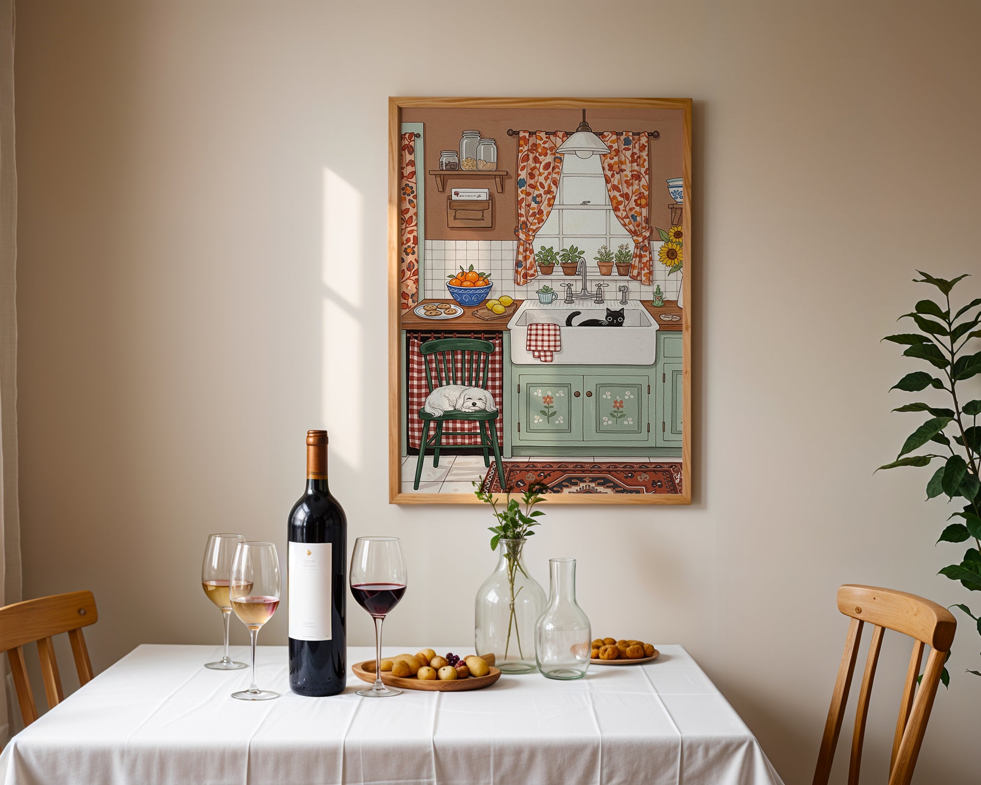 Cute illustration of a farmhouse kitchen with a black cat in the sink and a Maltese dog sleeping on a green chair, rustic mint cabinets, floral curtains, and sunflowers.