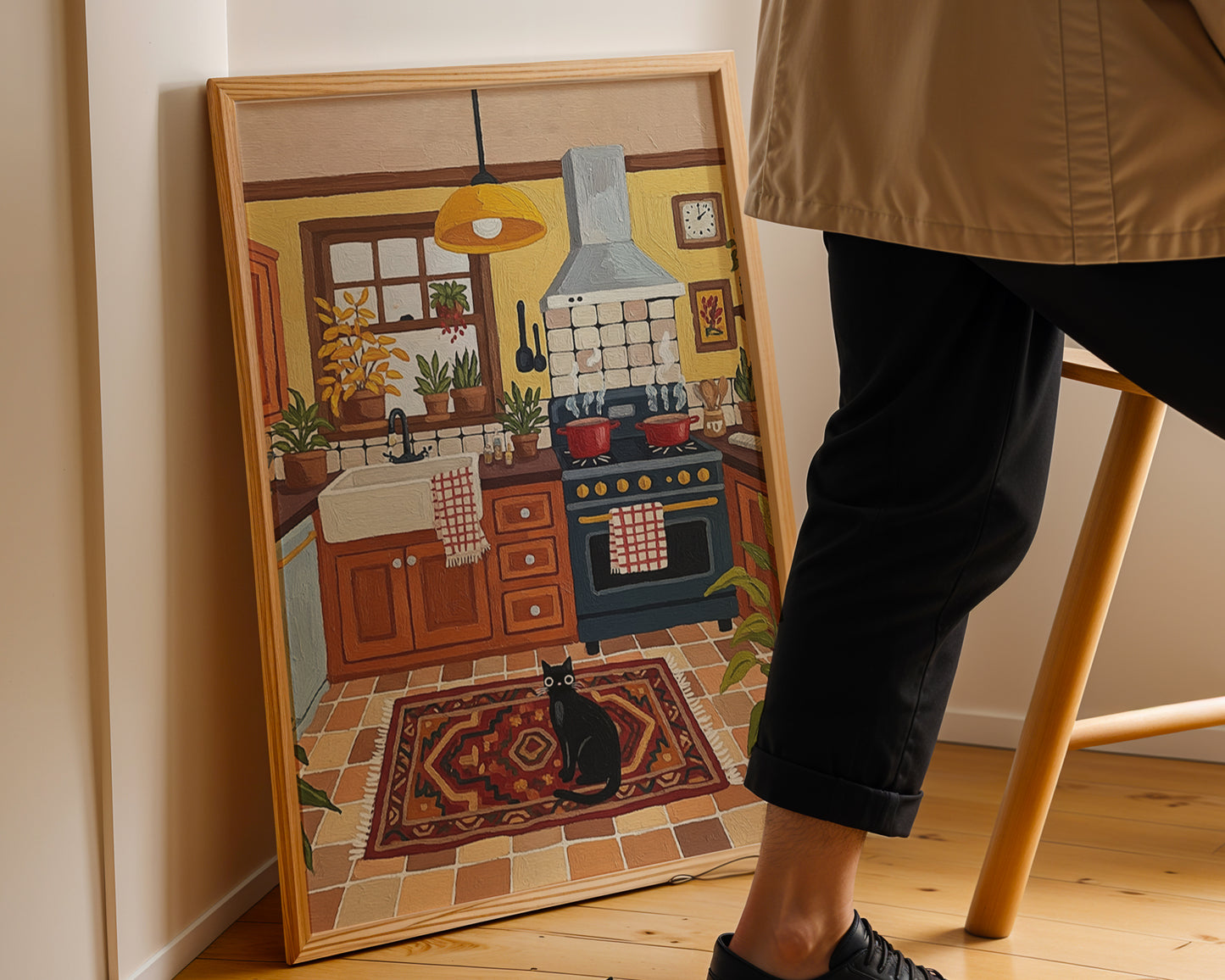 Rustic kitchen illustration with yellow walls, wooden cabinets, potted plants, patterned rug, and black cat sitting on the floor.