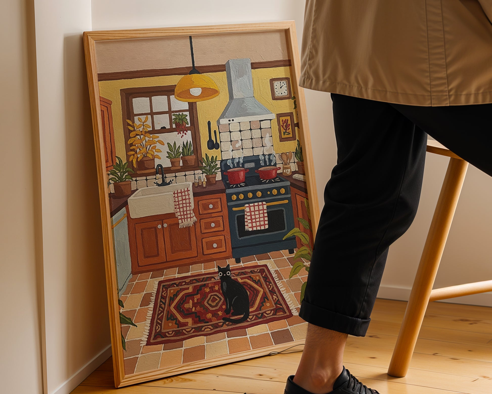 Rustic kitchen illustration with yellow walls, wooden cabinets, potted plants, patterned rug, and black cat sitting on the floor.