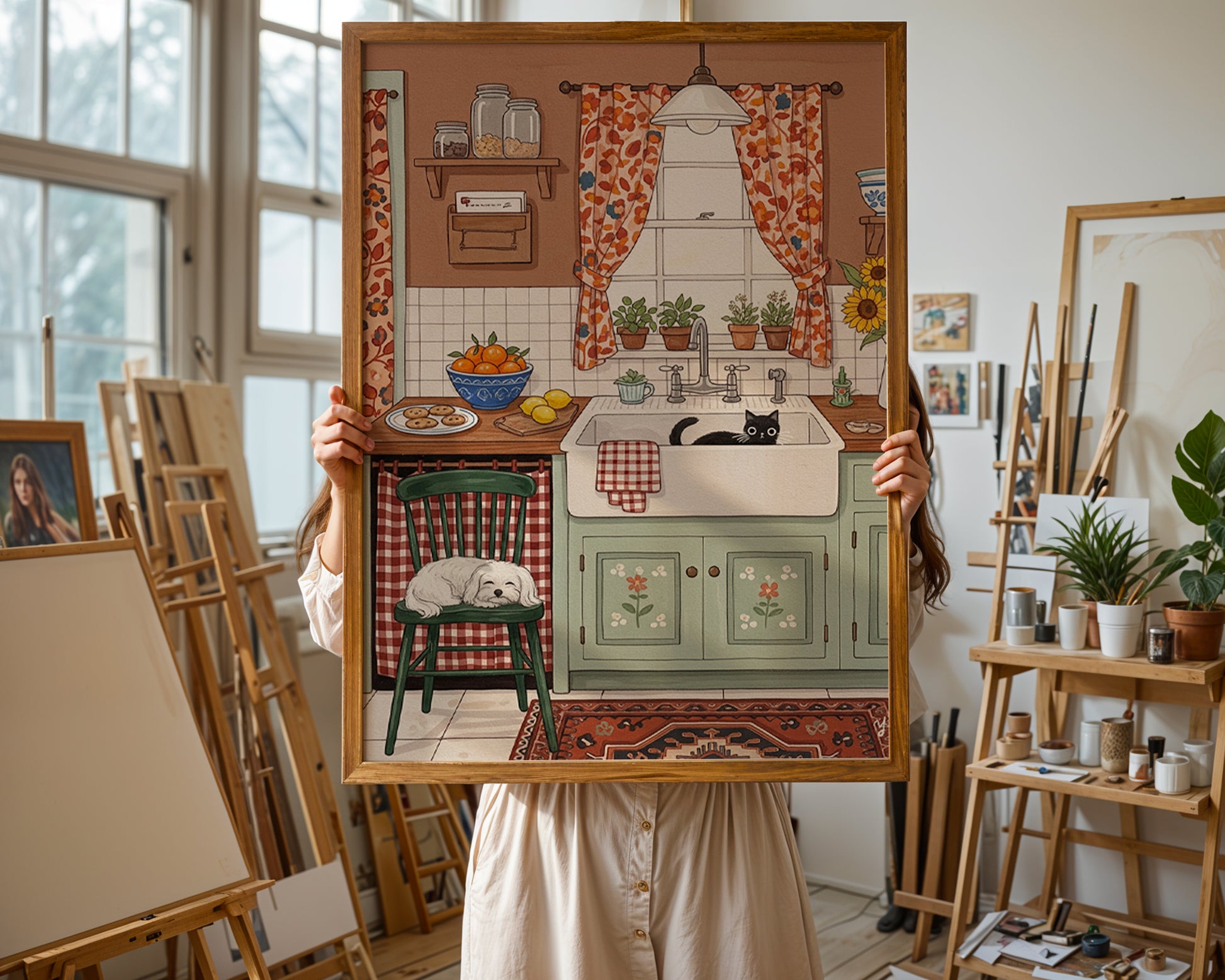 Cute illustration of a farmhouse kitchen with a black cat in the sink and a Maltese dog sleeping on a green chair, rustic mint cabinets, floral curtains, and sunflowers.