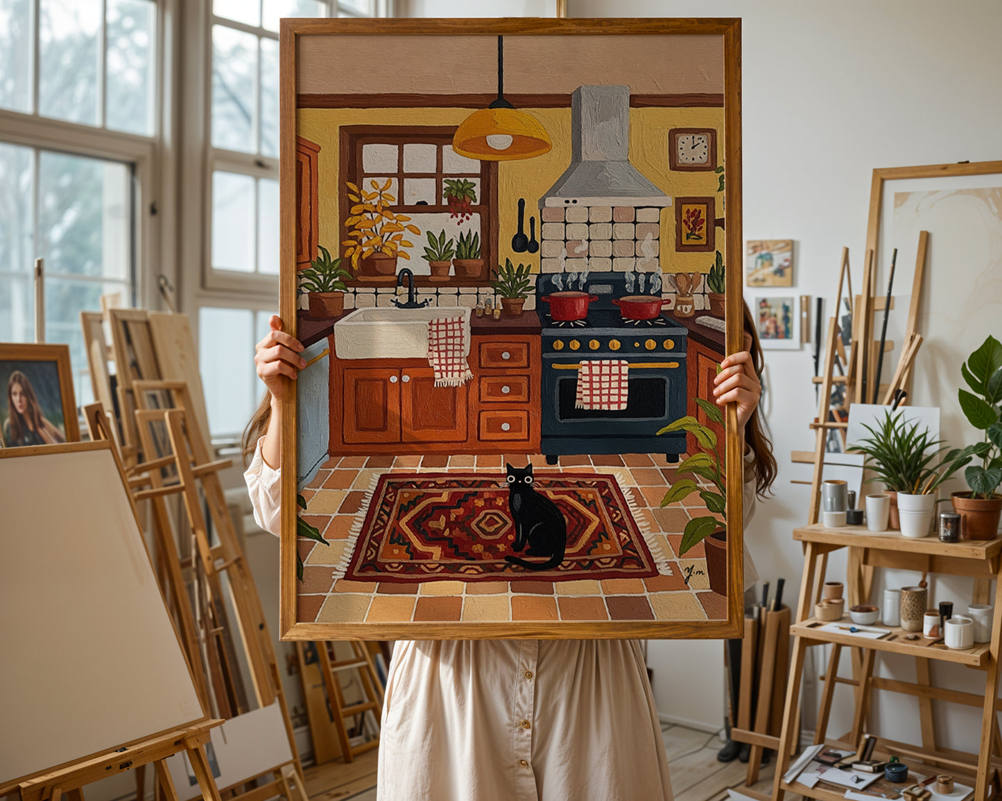 Rustic kitchen illustration with yellow walls, wooden cabinets, potted plants, patterned rug, and black cat sitting on the floor.