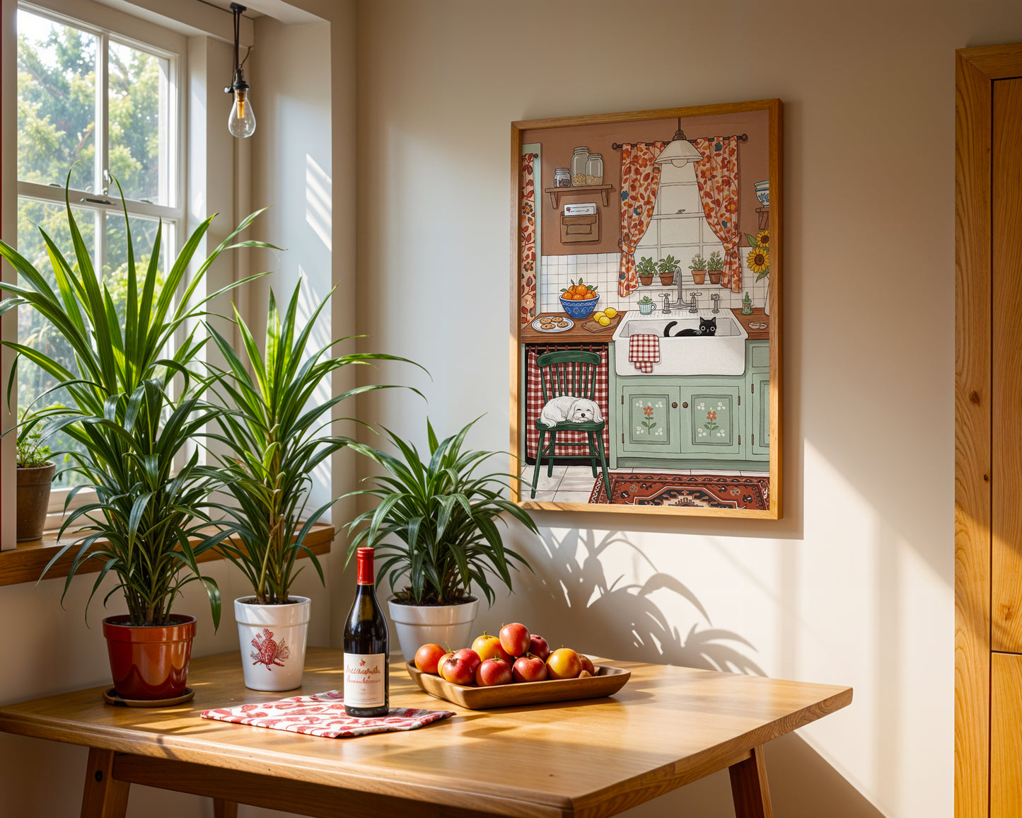 Cozy Farmhouse Kitchen Wall Art with Cute Dog and Cat Rustic Cottage Style Animal Illustration Print