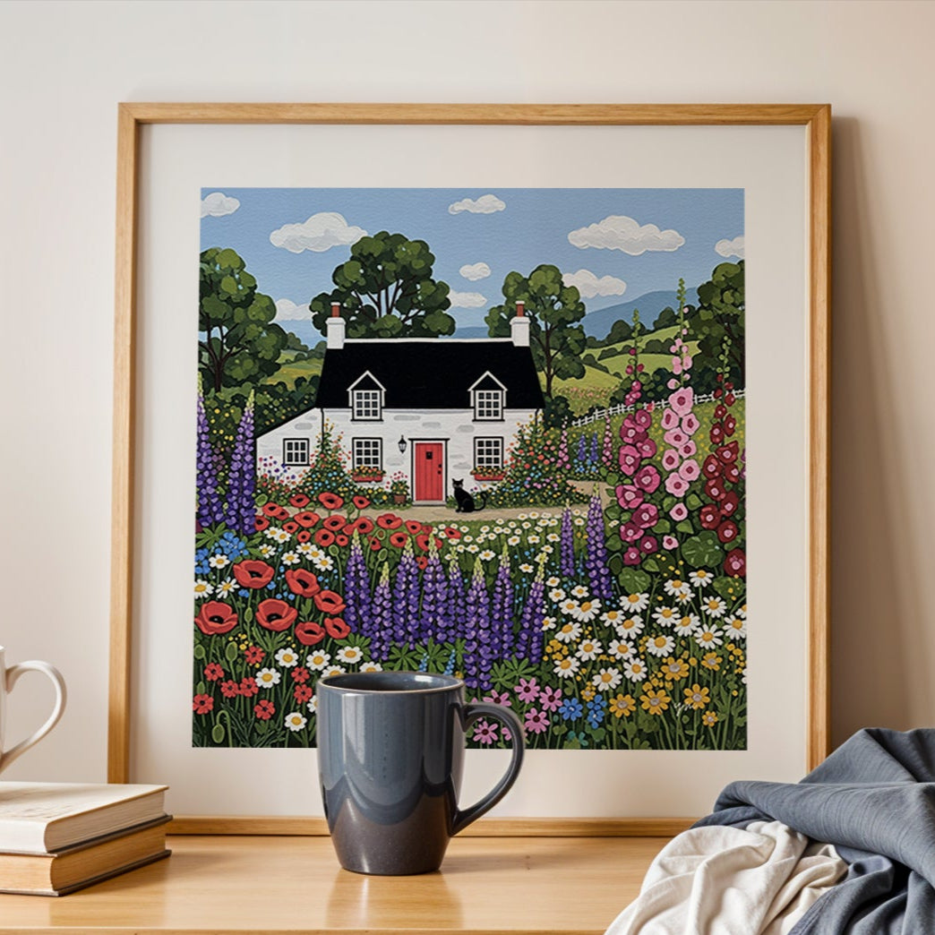 Cozy white cottage with red door, colorful wildflowers, and black cat illustration for floral wall decor.