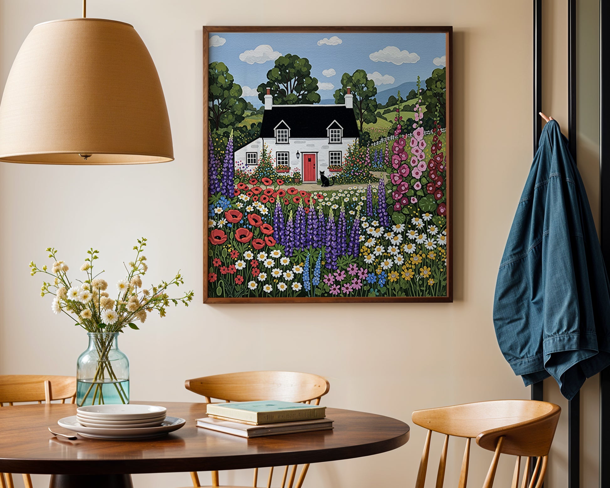 Cozy white cottage with red door, colorful wildflowers, and black cat illustration for floral wall decor.