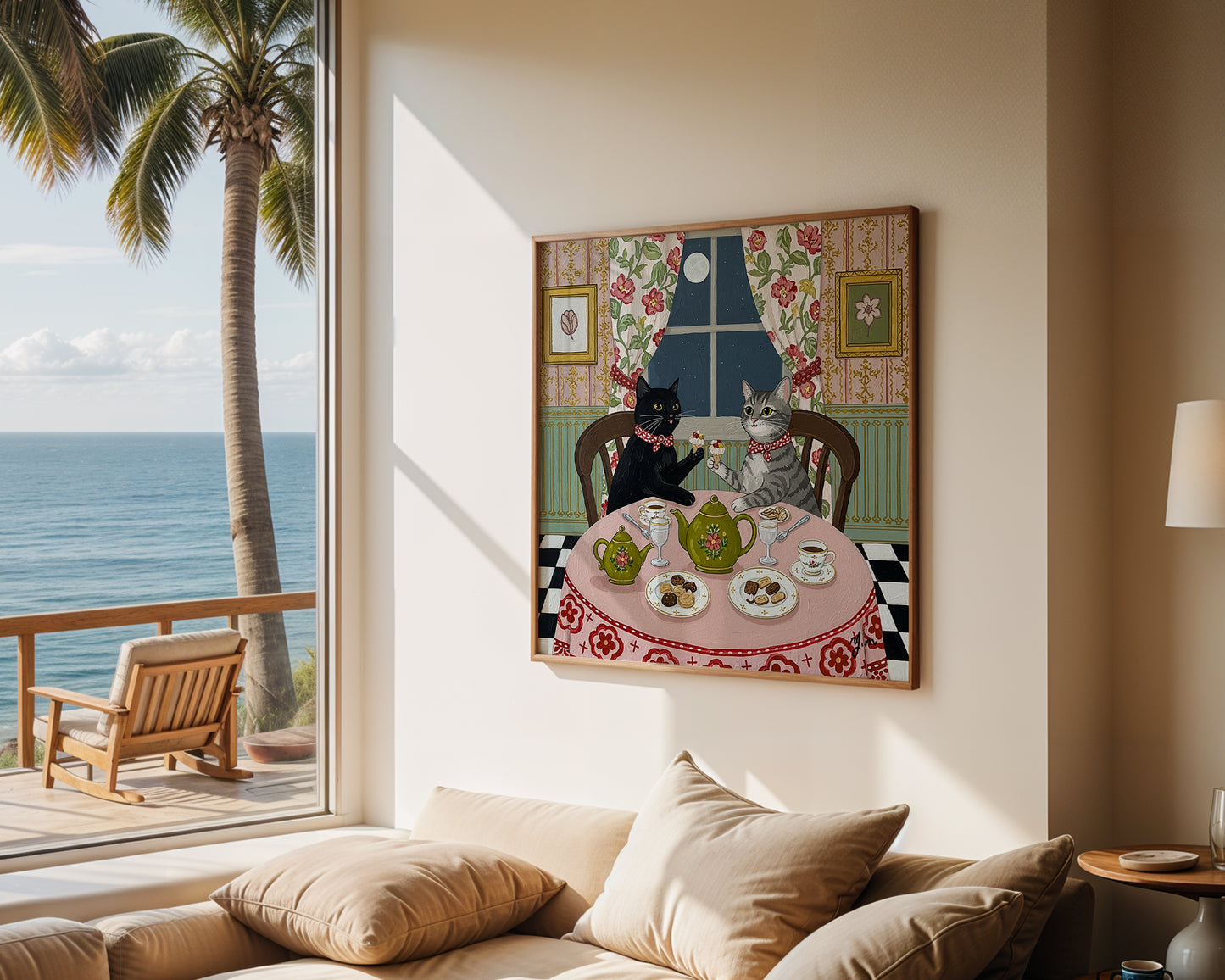 Two cats wearing red bows sit at a floral-covered table enjoying tea and desserts under a full moon in a vintage-style room with flowered curtains and teacups.