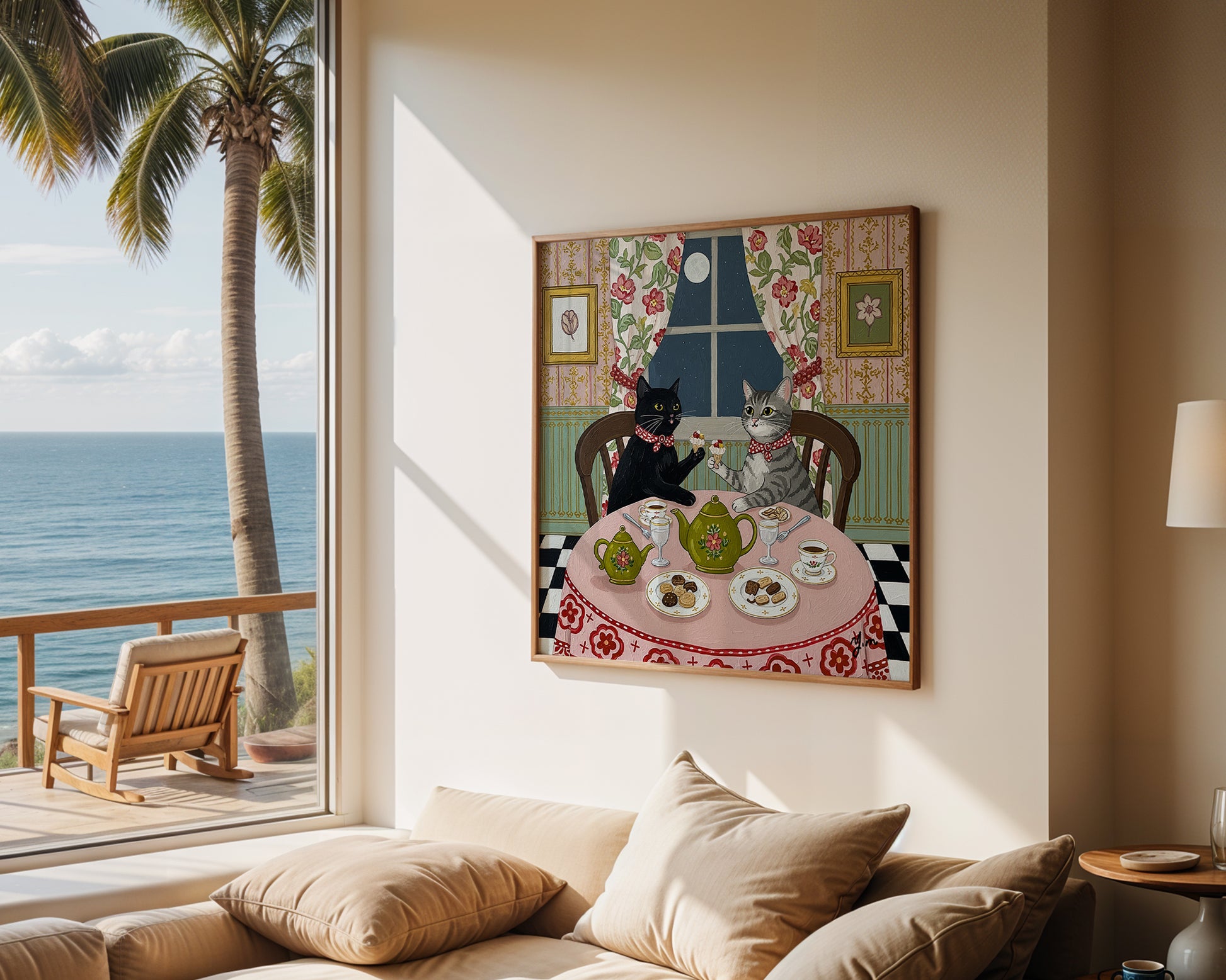 Two cats wearing red bows sit at a floral-covered table enjoying tea and desserts under a full moon in a vintage-style room with flowered curtains and teacups.