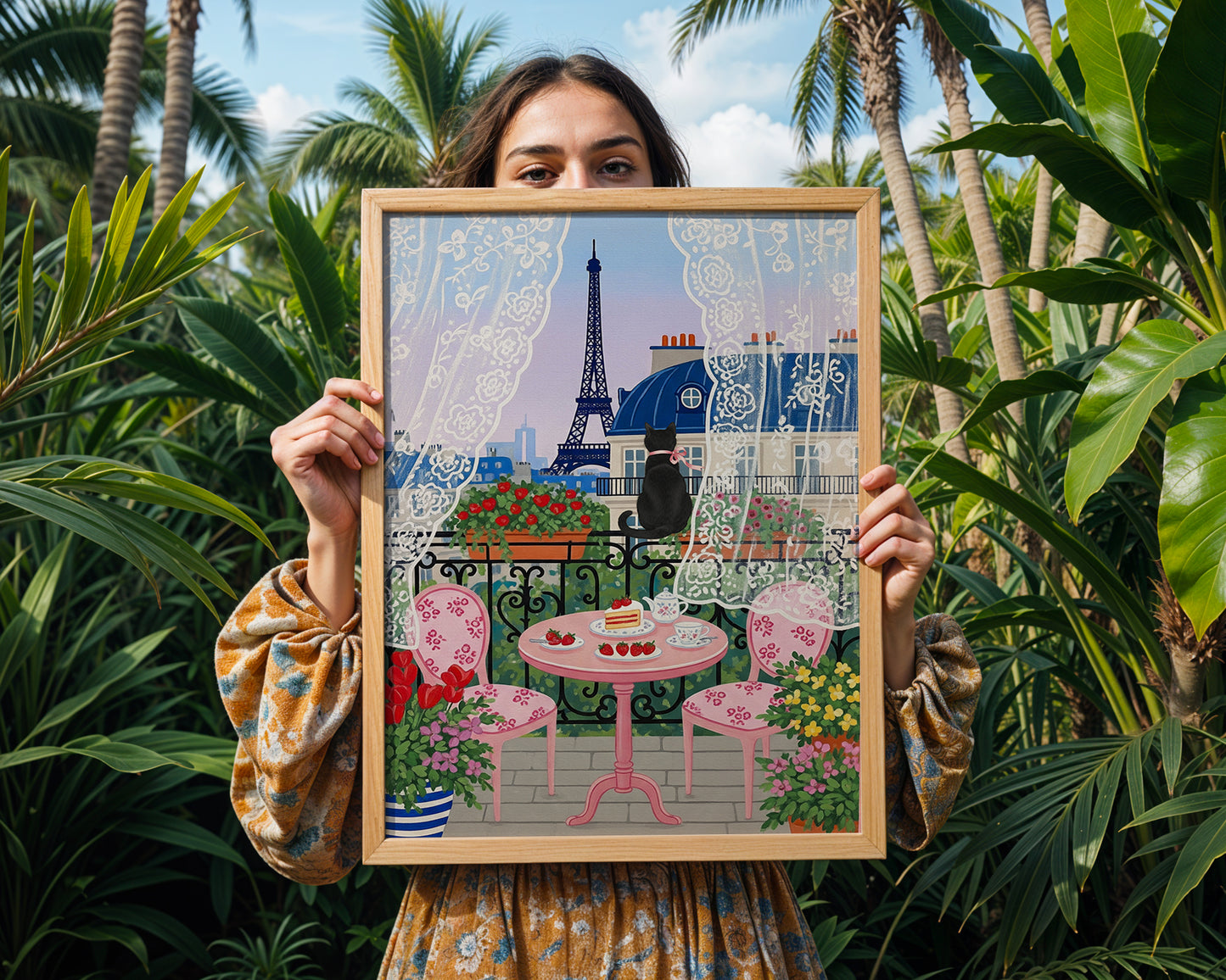 Paris Balcony Art Print with Eiffel Tower Black Cat Lace Curtains and Pink Café Table Scene