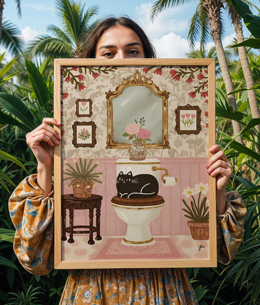 Vintage bathroom wall art illustration featuring a black cat sitting on a toilet with floral wallpaper, gold mirror, and framed flower paintings, surrounded by potted plants and pink rug. Whimsical interior decor artwork by YunaMoona, perfect for cat lovers, cottagecore decor, and cozy home design.