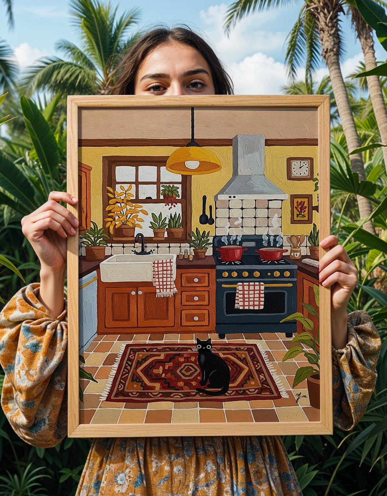 Rustic kitchen illustration with yellow walls, wooden cabinets, potted plants, patterned rug, and black cat sitting on the floor.