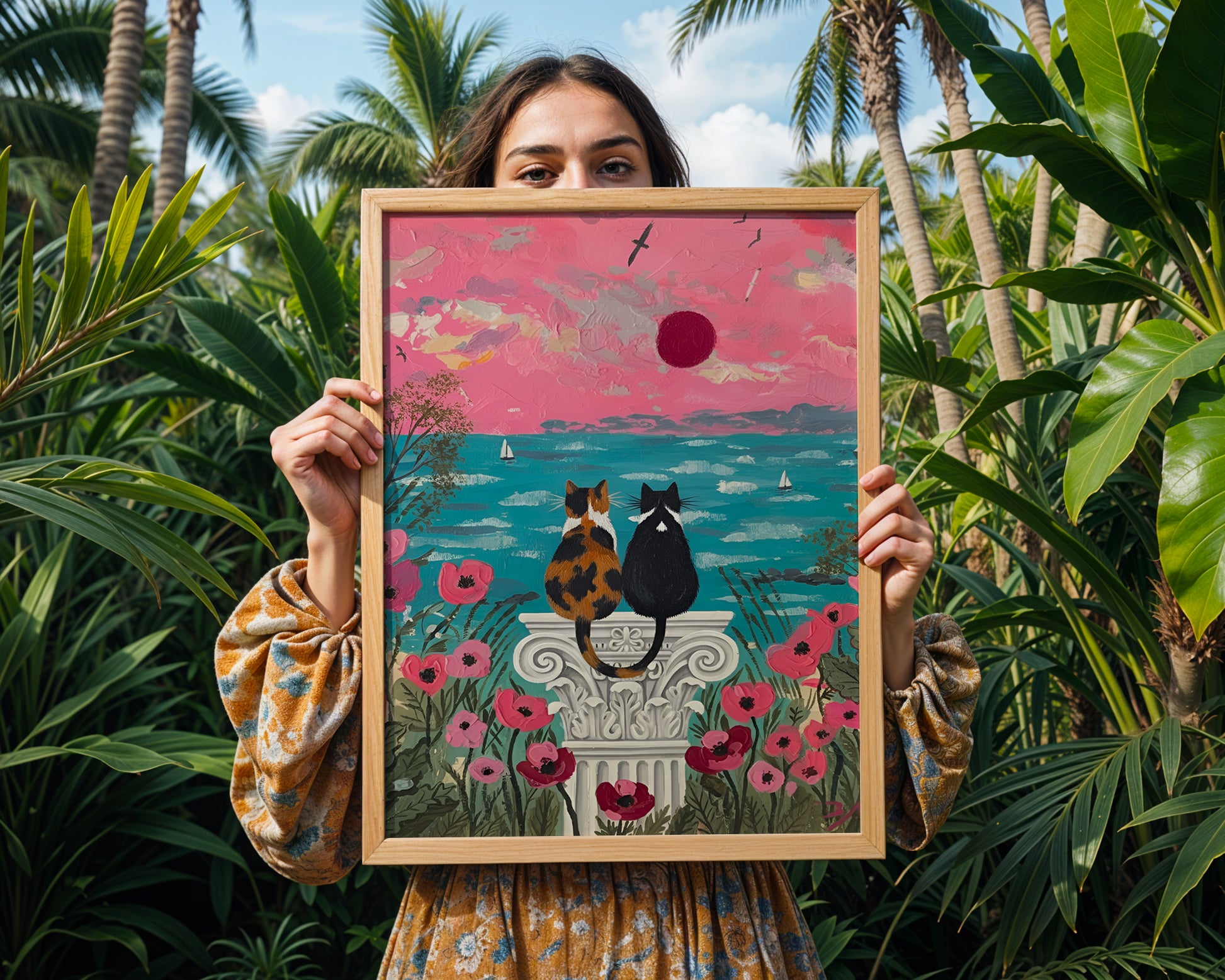 Two cats sitting on a classical pillar overlooking the ocean at sunset surrounded by pink flowers in a whimsical floral coastal setting.