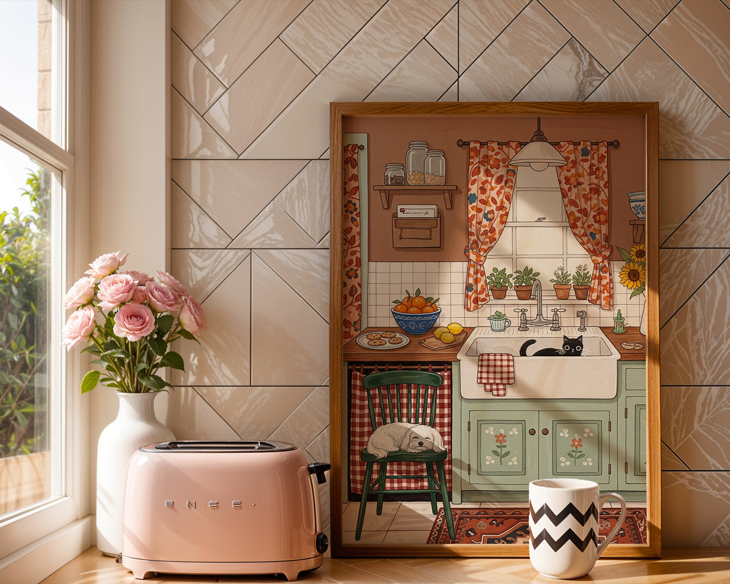 Cozy Farmhouse Kitchen Wall Art with Cute Dog and Cat Rustic Cottage Style Animal Illustration Print