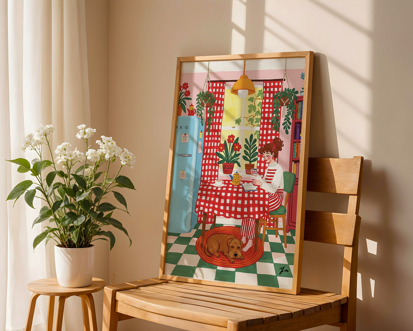 Cozy kitchen illustration with red checkered curtains, vintage blue fridge, potted plants, and a brown dog resting on a rug.