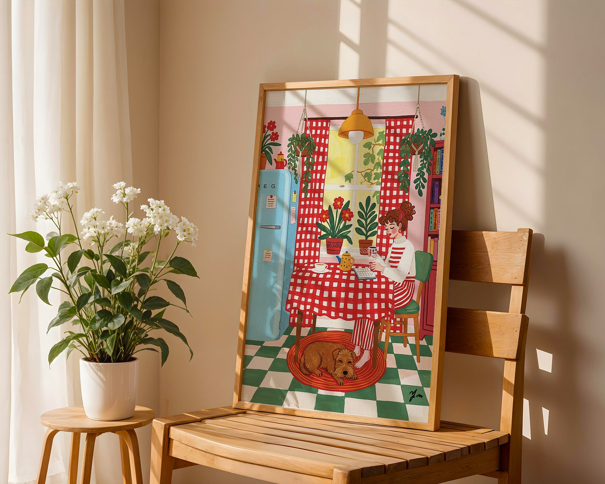 Cozy kitchen illustration with red checkered curtains, vintage blue fridge, potted plants, and a brown dog resting on a rug.
