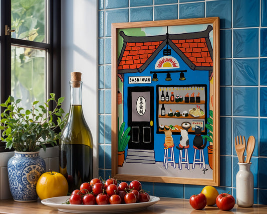 Whimsical Sushi Bar Cats Wall Art Illustration Japanese Restaurant Cat Decor Poster by YunaMoona