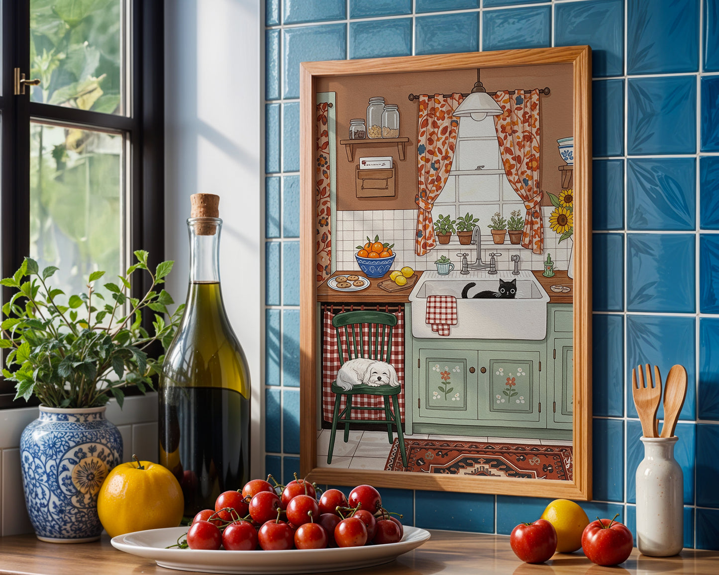 Cozy Farmhouse Kitchen Wall Art with Cute Dog and Cat Rustic Cottage Style Animal Illustration Print