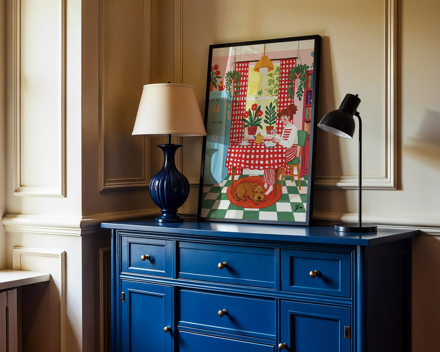 Cozy Kitchen Illustration with Red Checkered Curtains and Brown Goldendoodle Dog Print