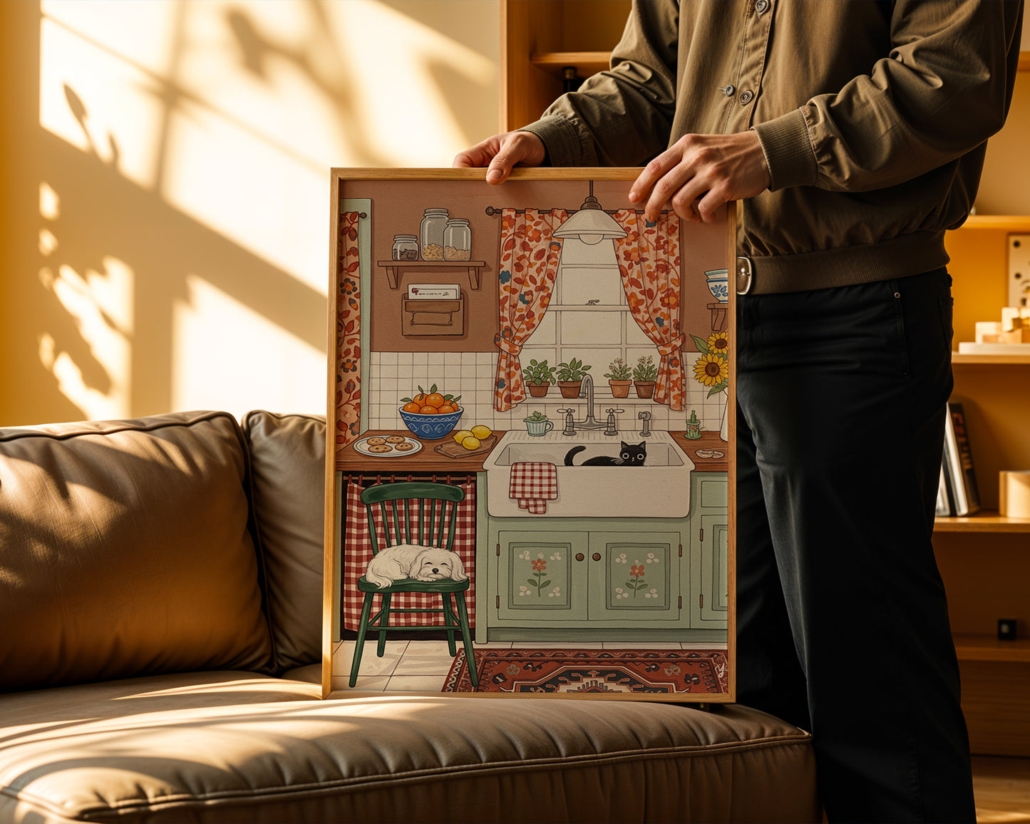 Cute illustration of a farmhouse kitchen with a black cat in the sink and a Maltese dog sleeping on a green chair, rustic mint cabinets, floral curtains, and sunflowers.