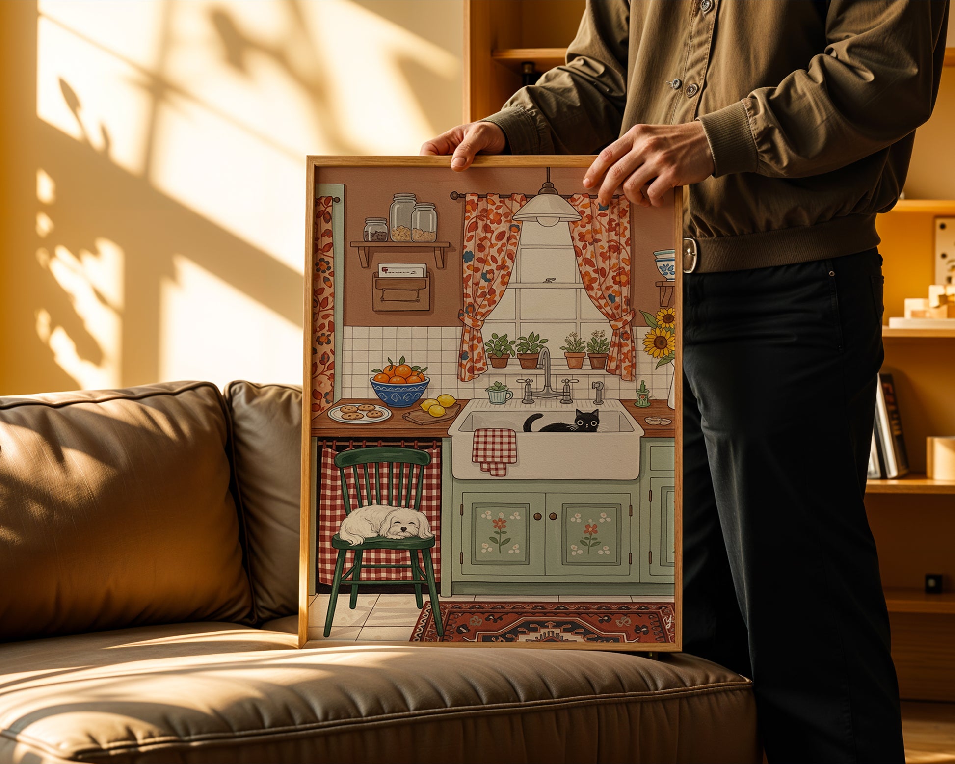 Cute illustration of a farmhouse kitchen with a black cat in the sink and a Maltese dog sleeping on a green chair, rustic mint cabinets, floral curtains, and sunflowers.