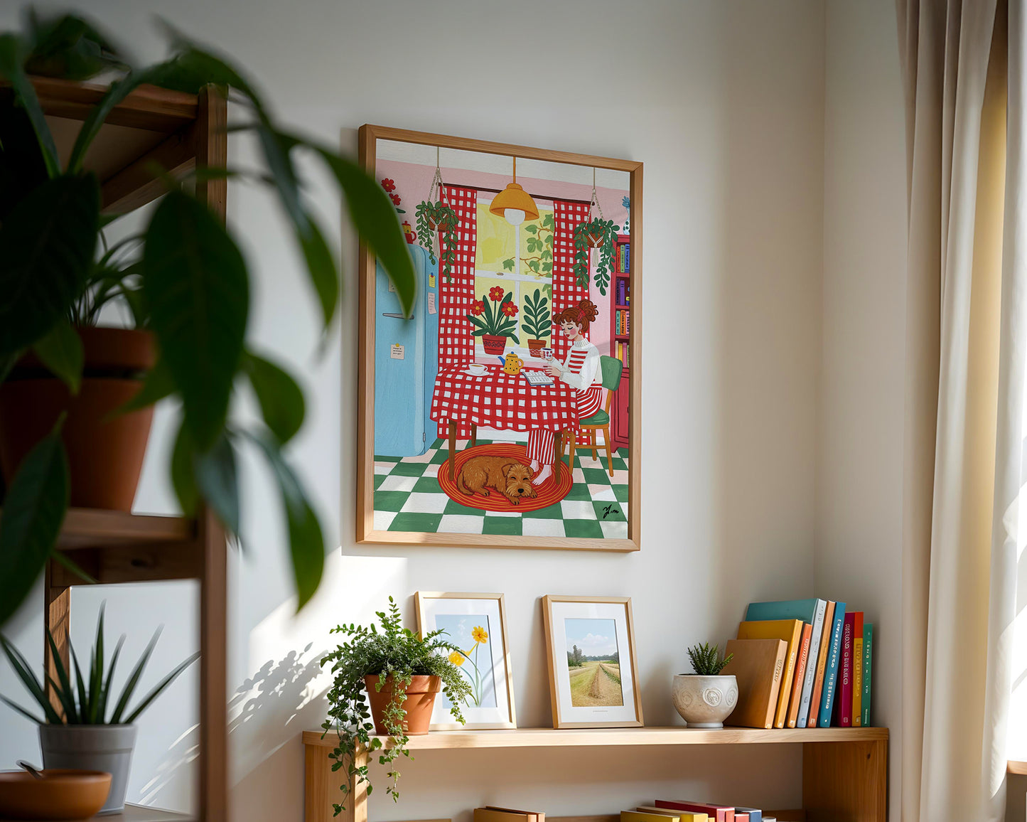 Cozy kitchen illustration with red checkered curtains, vintage blue fridge, potted plants, and a brown dog resting on a rug.