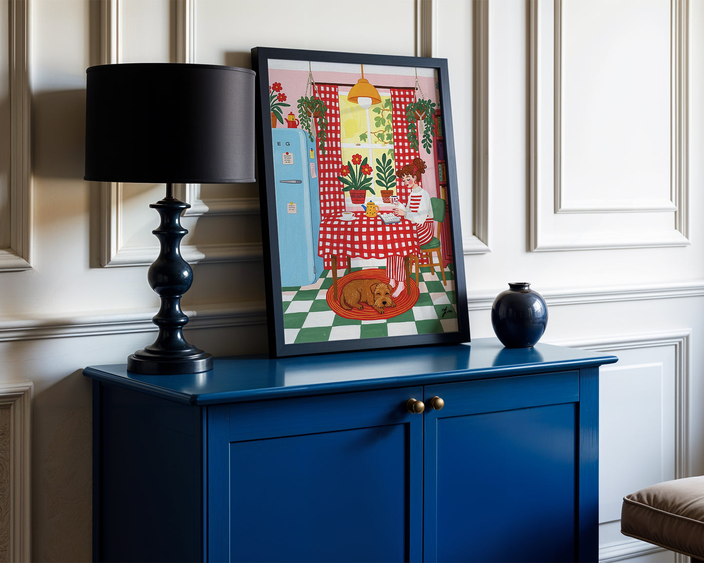 Cozy Kitchen Illustration with Red Checkered Curtains and Brown Goldendoodle Dog Print