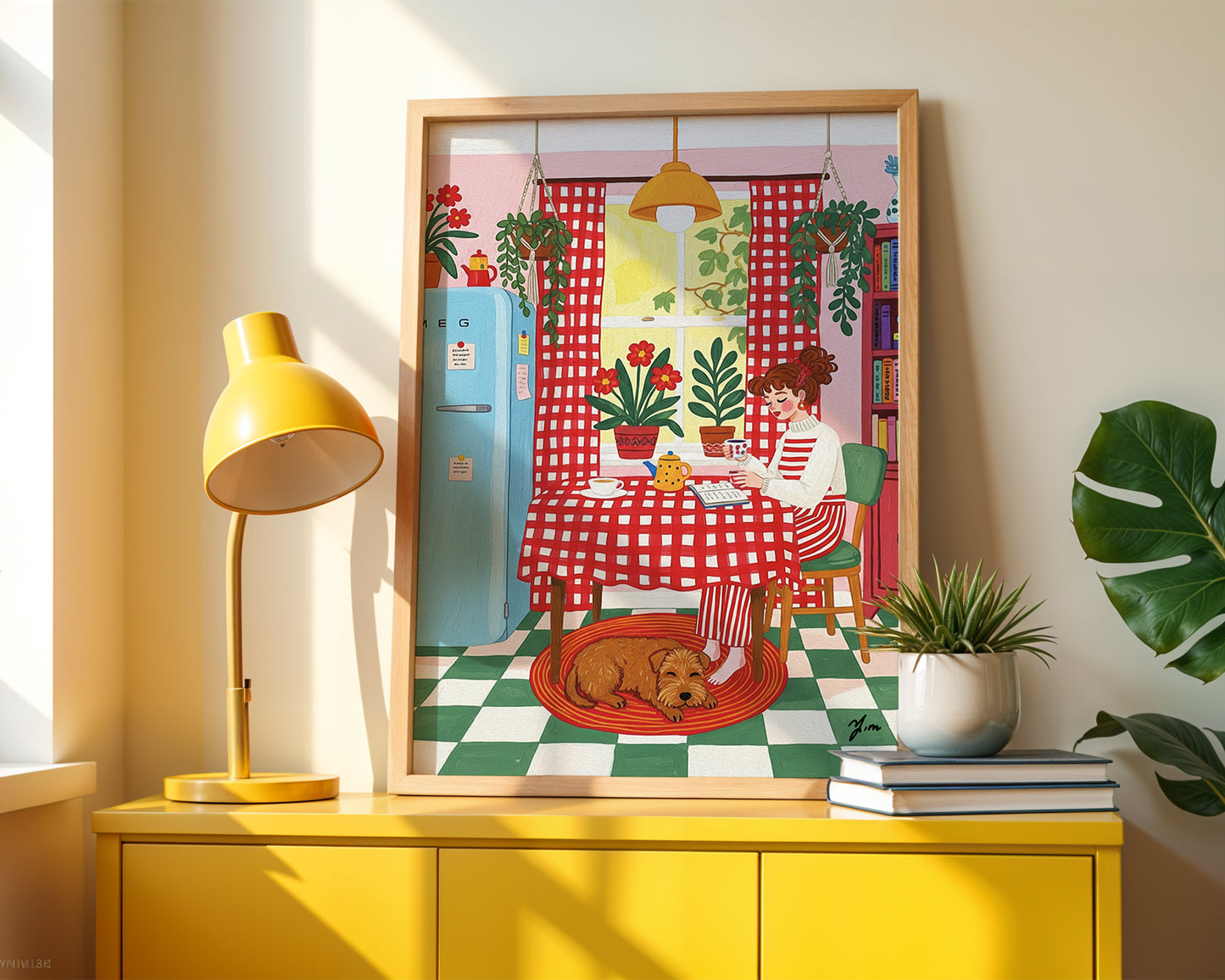 Cozy Kitchen Illustration with Red Checkered Curtains and Brown Goldendoodle Dog Print