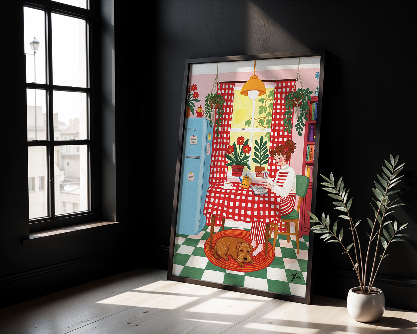 Cozy Kitchen Illustration with Red Checkered Curtains and Brown Goldendoodle Dog Print