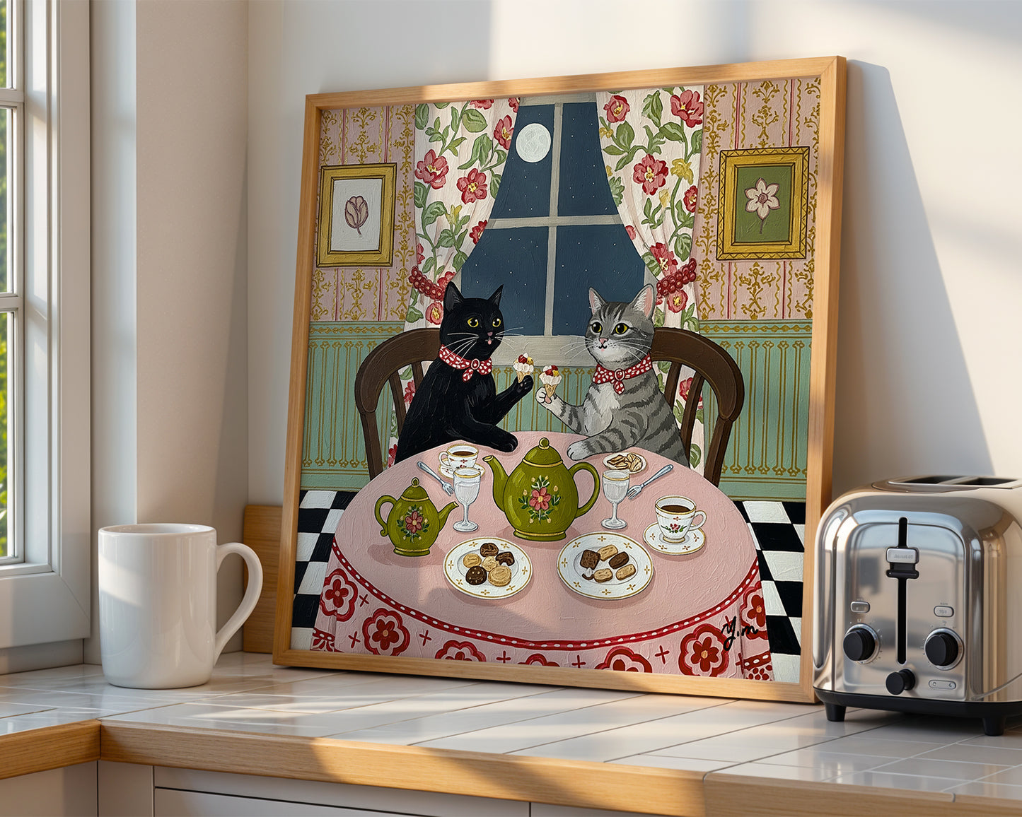 Two cats wearing red bows sit at a floral-covered table enjoying tea and desserts under a full moon in a vintage-style room with flowered curtains and teacups.