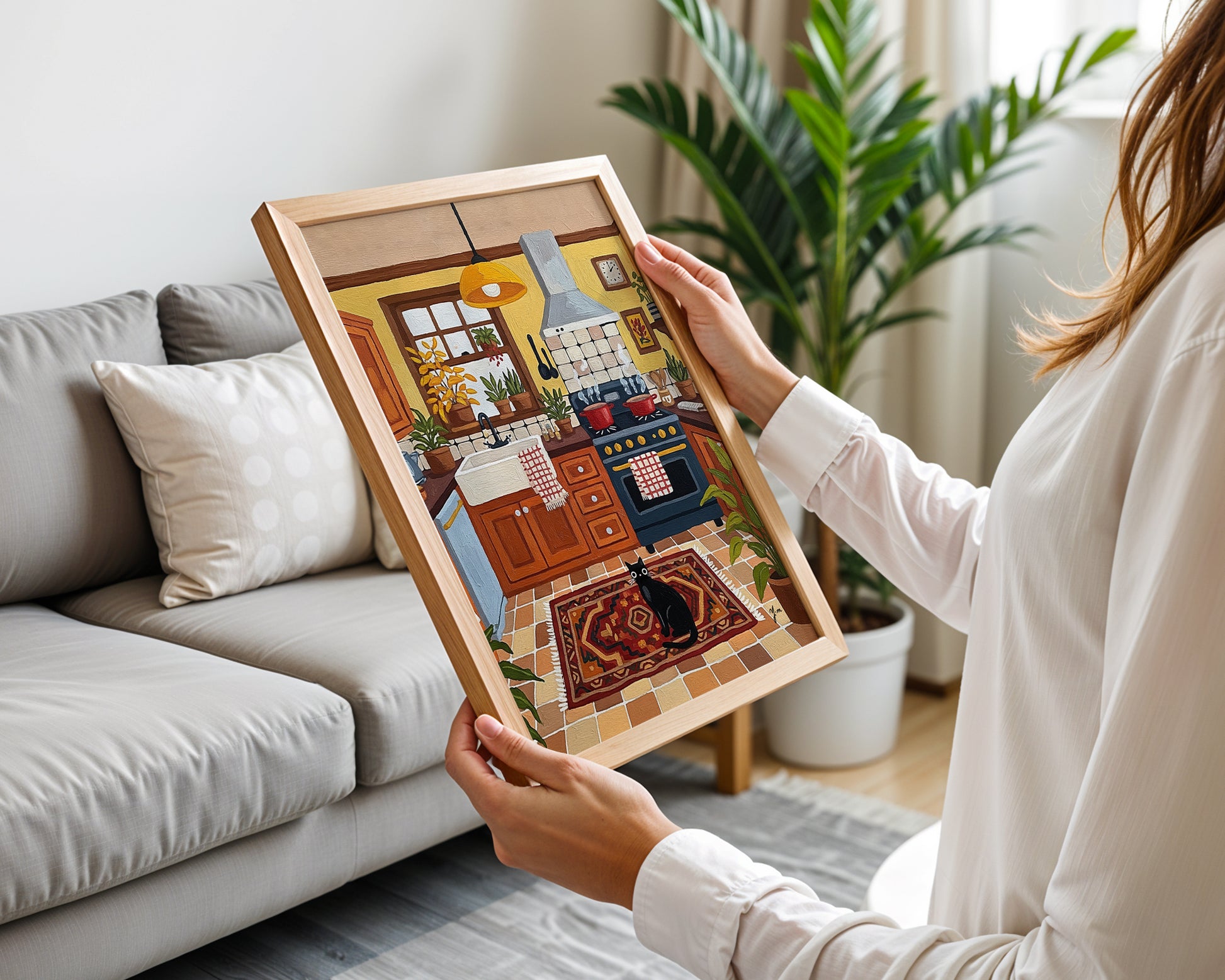Rustic kitchen illustration with yellow walls, wooden cabinets, potted plants, patterned rug, and black cat sitting on the floor.