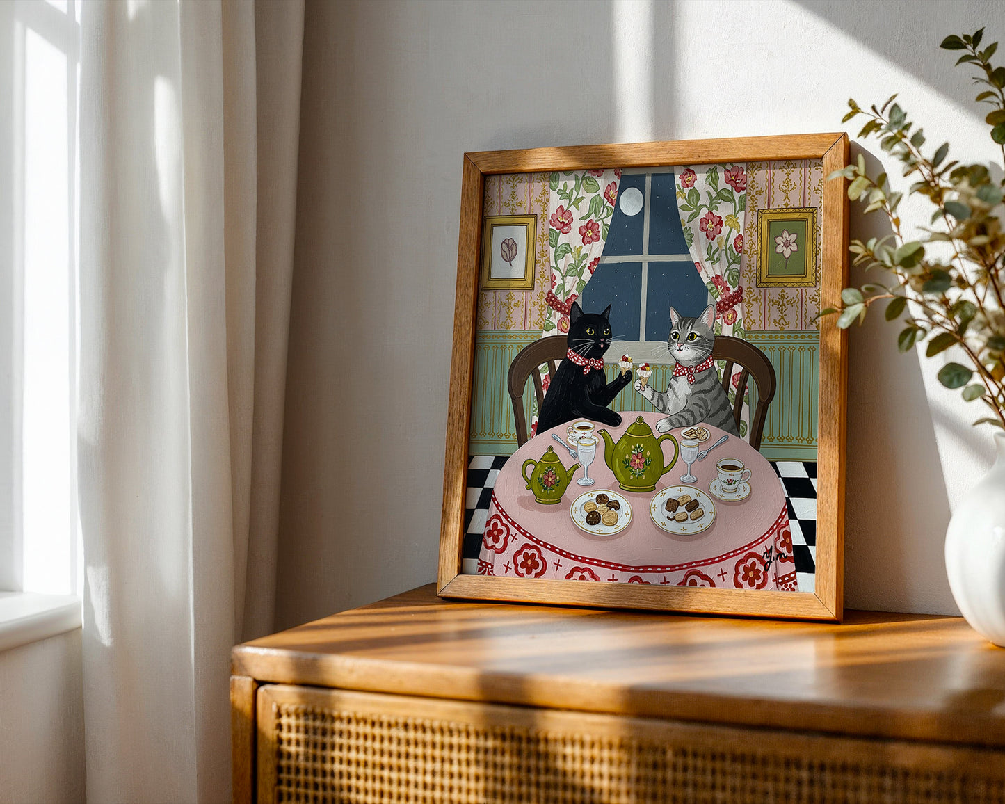 Two Cats Having Tea Under the Moon Whimsical Vintage Style Cat Illustration Print by YunaMoona