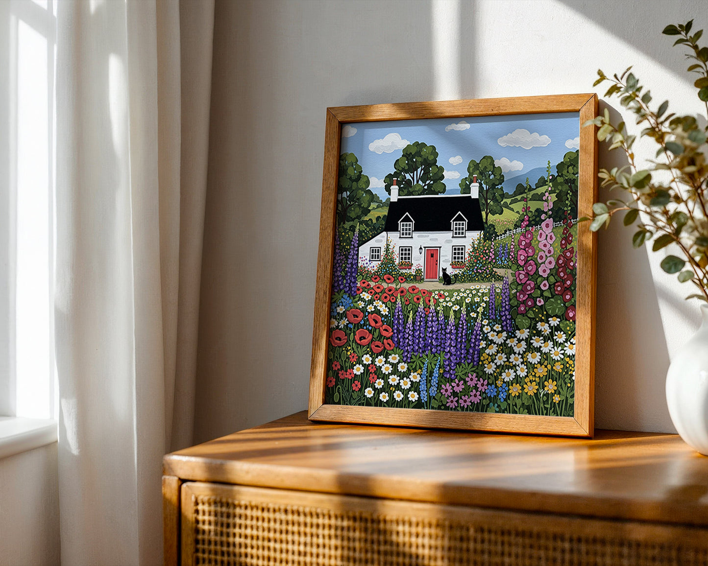 Charming Cottage Garden Art with Black Cat and Colorful Wildflowers Cozy Floral Wall Decor