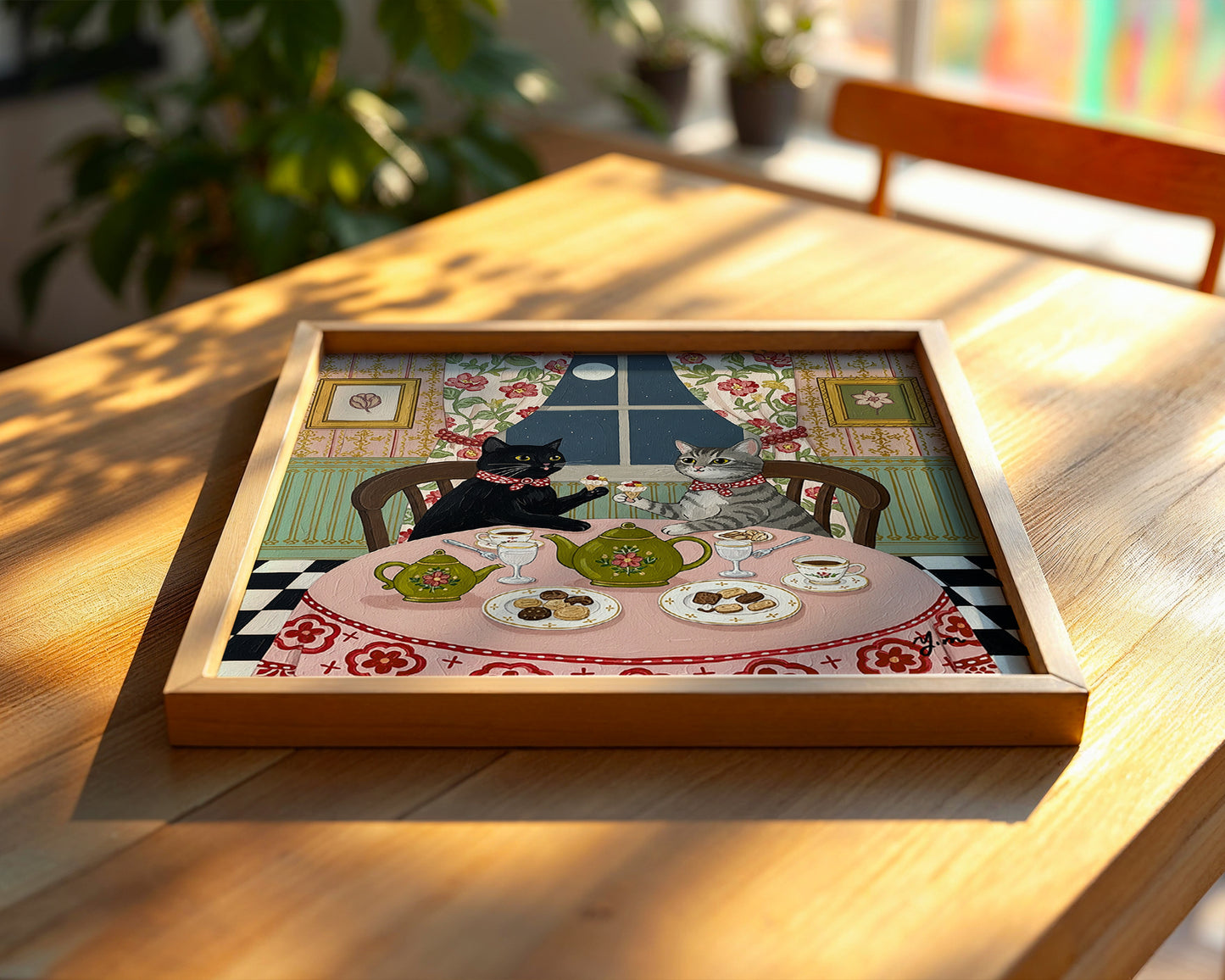 Two Cats Having Tea Under the Moon Whimsical Vintage Style Cat Illustration Print by YunaMoona