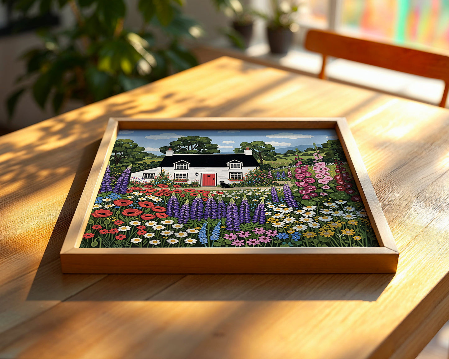 Cozy white cottage with red door, colorful wildflowers, and black cat illustration for floral wall decor.