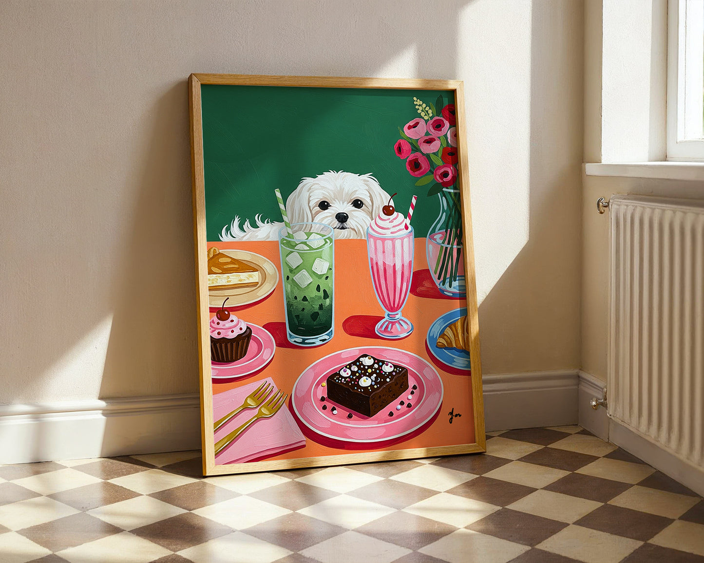 Cute White Dog at Colorful Dessert Table Green Background Illustration Print Art