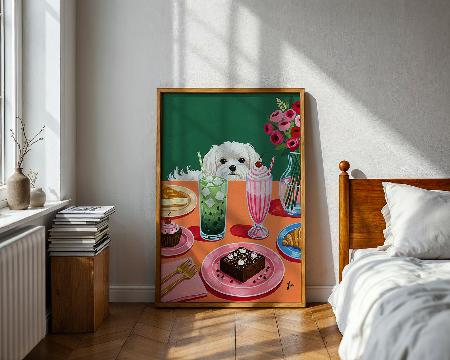Cute White Dog at Colorful Dessert Table Green Background Illustration Print Art