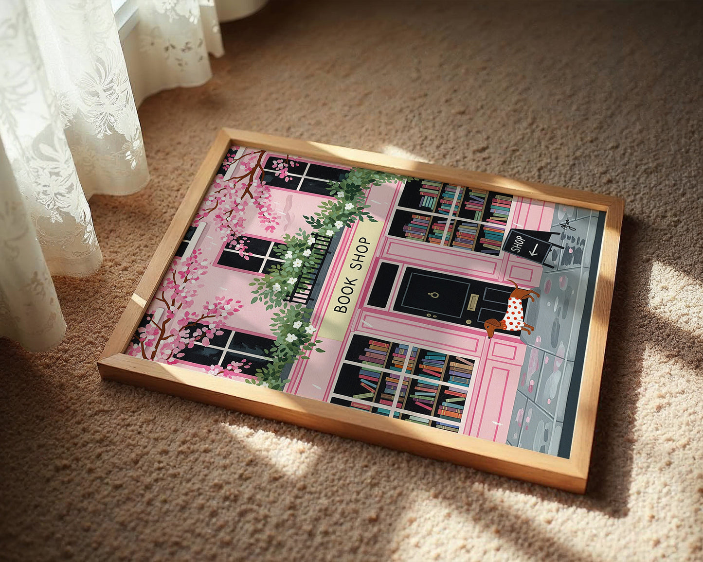 Pink Bookshop with Dachshund Illustration Spring Cherry Blossom Art Print Poster