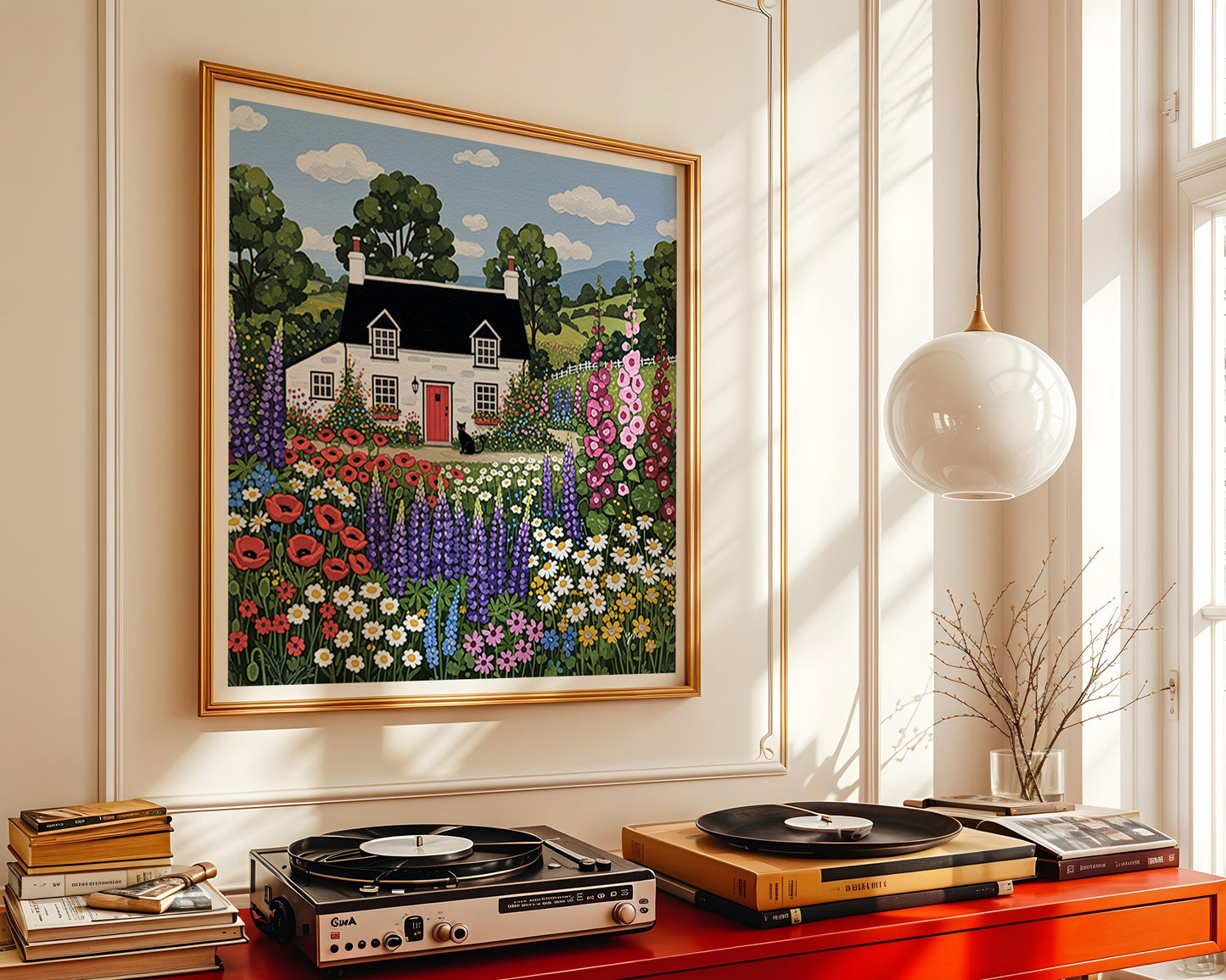 Charming Cottage Garden Art with Black Cat and Colorful Wildflowers Cozy Floral Wall Decor