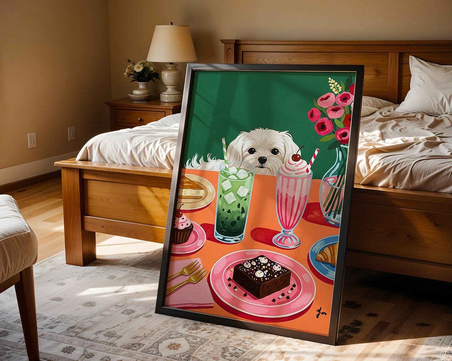 Cute White Dog at Colorful Dessert Table Green Background Illustration Print Art