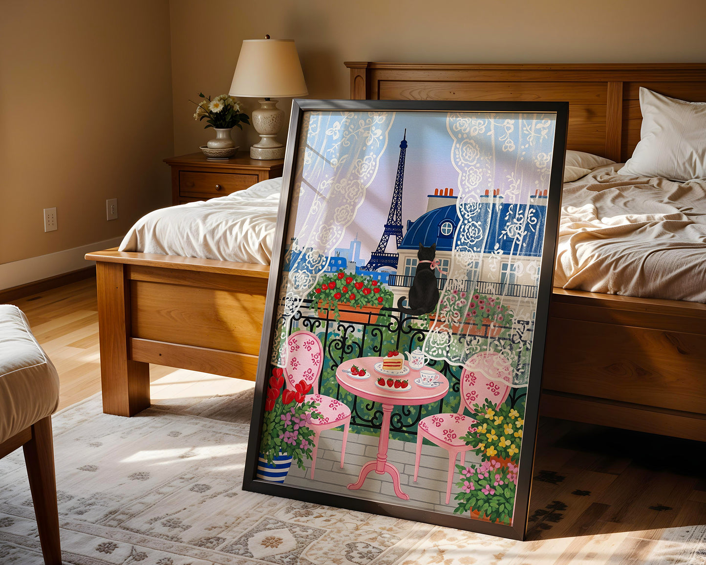 Paris Balcony Art Print with Eiffel Tower Black Cat Lace Curtains and Pink Café Table Scene