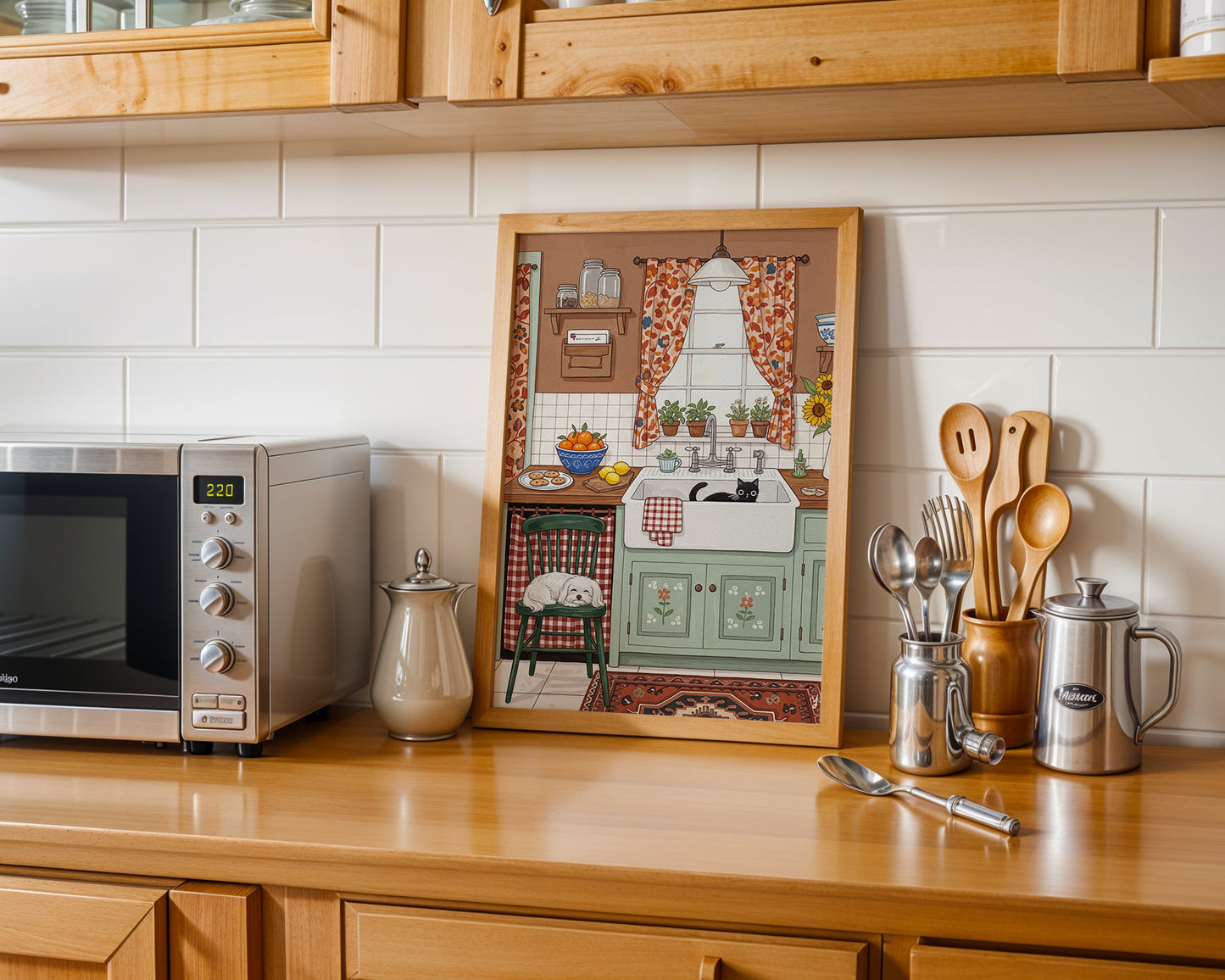 Cozy Farmhouse Kitchen Wall Art with Cute Dog and Cat Rustic Cottage Style Animal Illustration Print