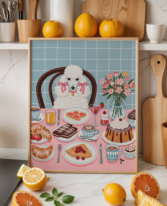 Cute white poodle sitting at dining table waiting for food, dog lover wall art print for home decor.