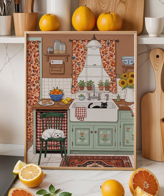 Cute illustration of a farmhouse kitchen with a black cat in the sink and a Maltese dog sleeping on a green chair, rustic mint cabinets, floral curtains, and sunflowers.