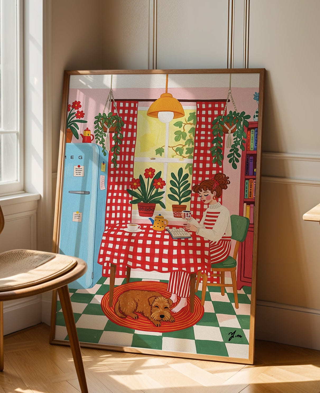 Cozy kitchen illustration with red checkered curtains, vintage blue fridge, potted plants, and a brown dog resting on a rug.