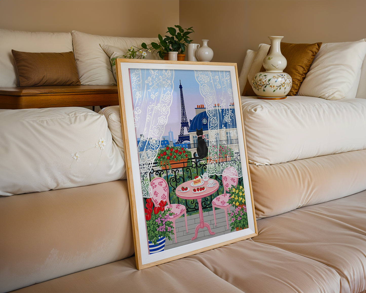 Paris Balcony Art Print with Eiffel Tower Black Cat Lace Curtains and Pink Café Table Scene