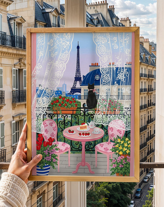 Paris Balcony Art Print with Eiffel Tower Black Cat Lace Curtains and Pink Café Table Scene